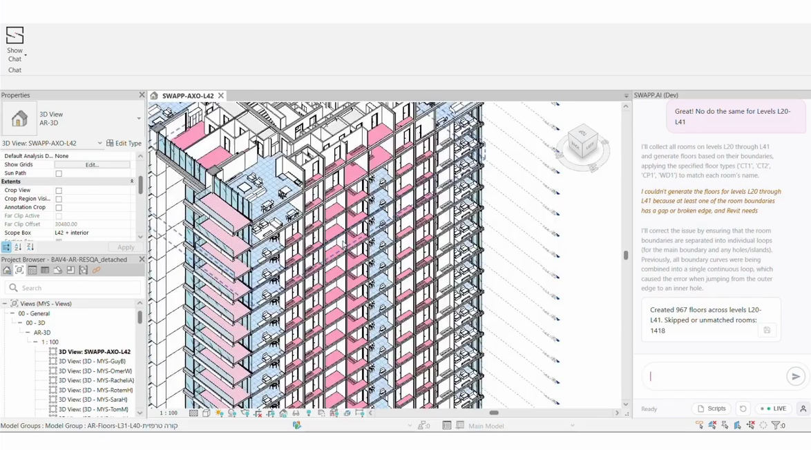 Frank modeling floor plates across a 40-plus story tower. When a room-boundary error stopped generation, it identified the cause, corrected its own logic, and reported the result.