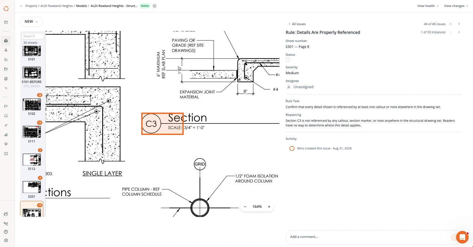 QA/QC flags a foundation detail against ACI 318 and explains why the depth callout fails.