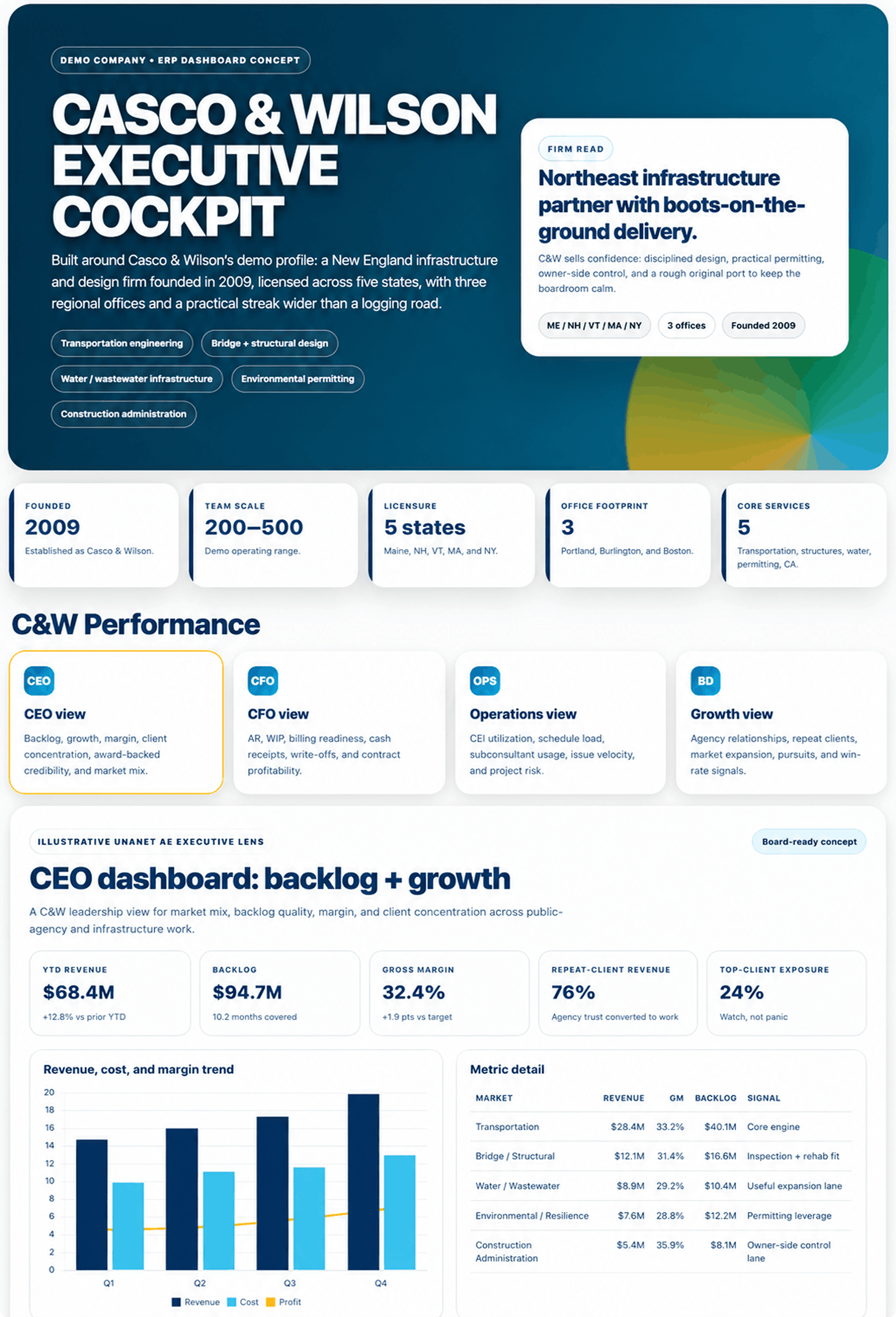 Figure 1. An illustrative executive view combining backlog, margin, market mix, and client concentration in one place. Demo data.