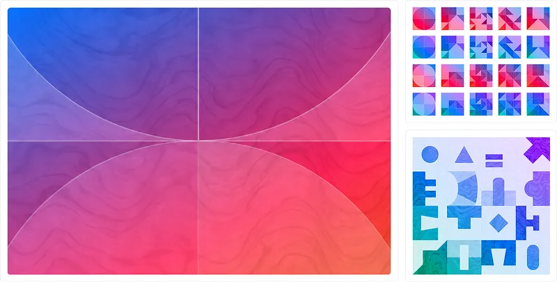 Three-panel graphic of the OpenAsset brand visuals: a large blue, pink, and orange gradient with a wood-grain texture divided by thin lines and curves, a panel of blue, teal, and purple geometric shapes, and a grid of 20 small square patterns in the same colors.