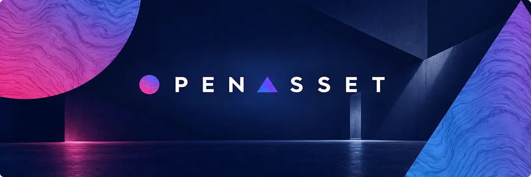 OpenAsset logo with a circle as the O and a triangle as the A, on a dark background with large wood-grain shapes.