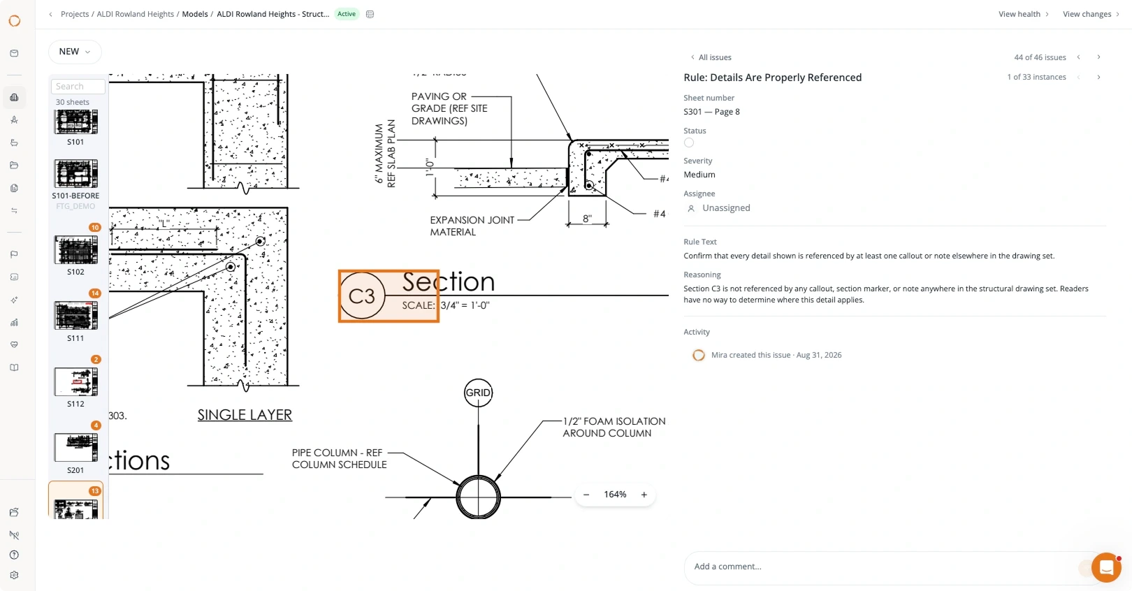 QA/QC flags a foundation detail against ACI 318 and explains why the depth callout fails.