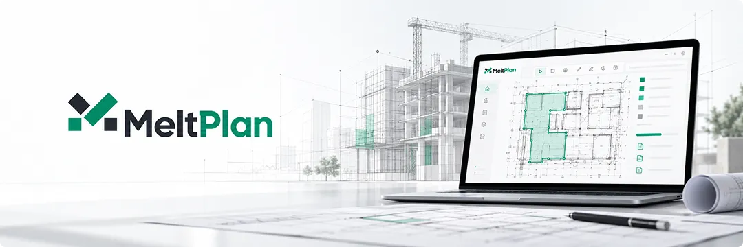 MeltPlan logo beside a laptop showing a floor plan with a highlighted area in the MeltPlan app, set against a wireframe of a building under construction with a crane, with blueprints and a pen on the desk.
