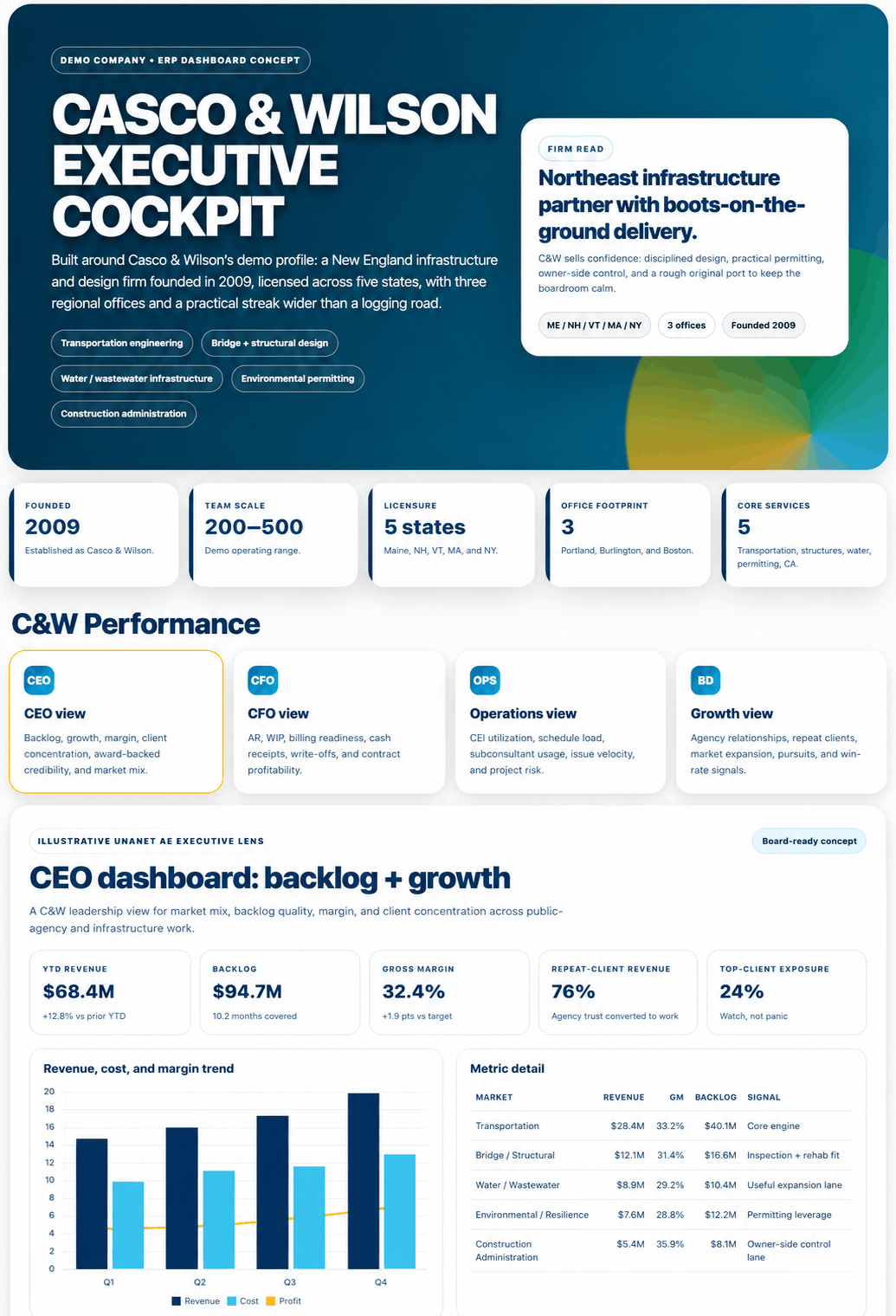 Figure 1. An illustrative executive view combining backlog, margin, market mix, and client concentration in one place. Demo data.
