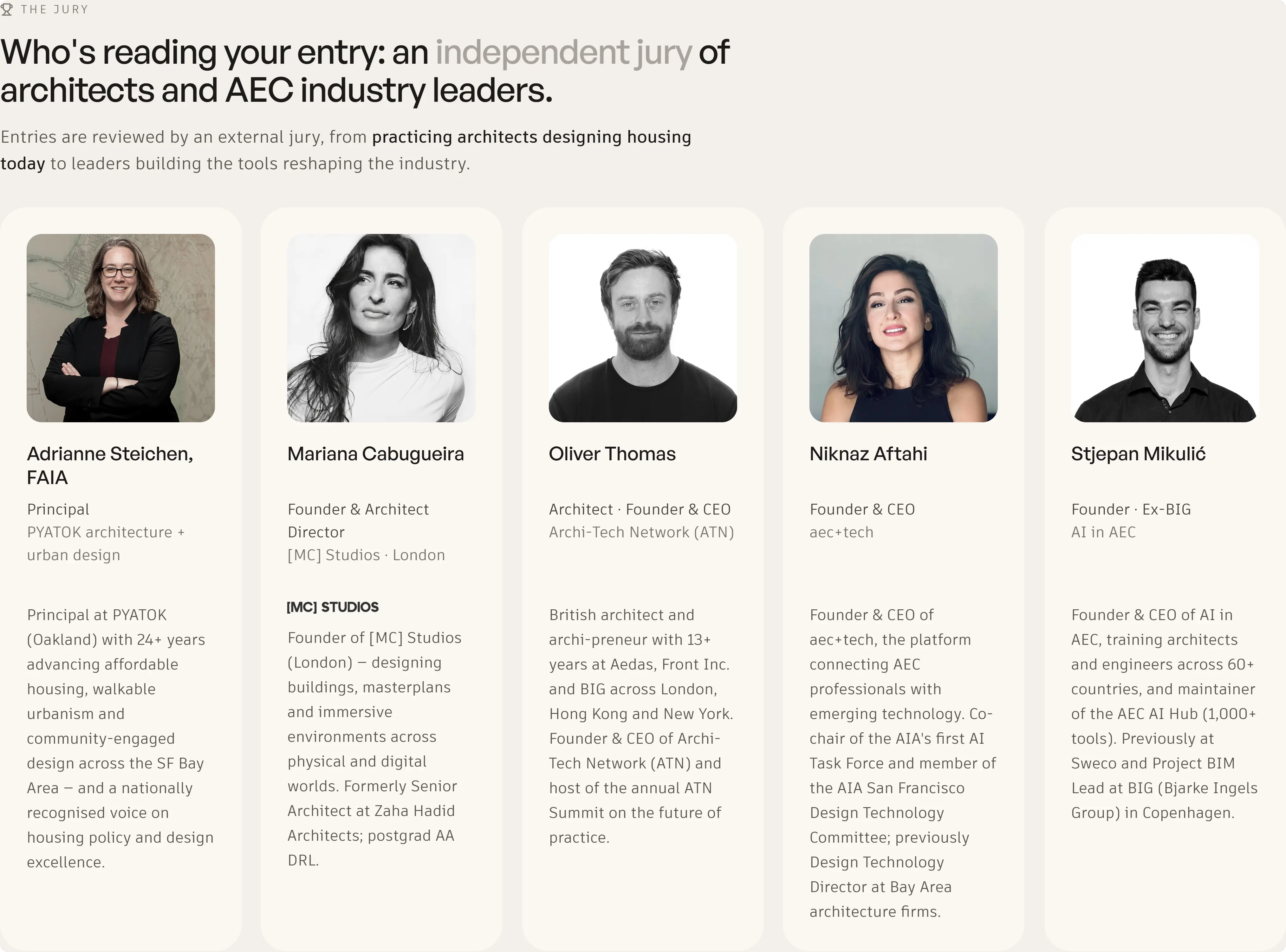 The Forma Futures jury spans housing practice, digital design and AEC technology.