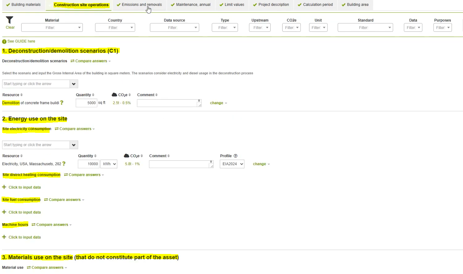Figure 6) Fields for Construction Site Operations on the LEED v5 Tool