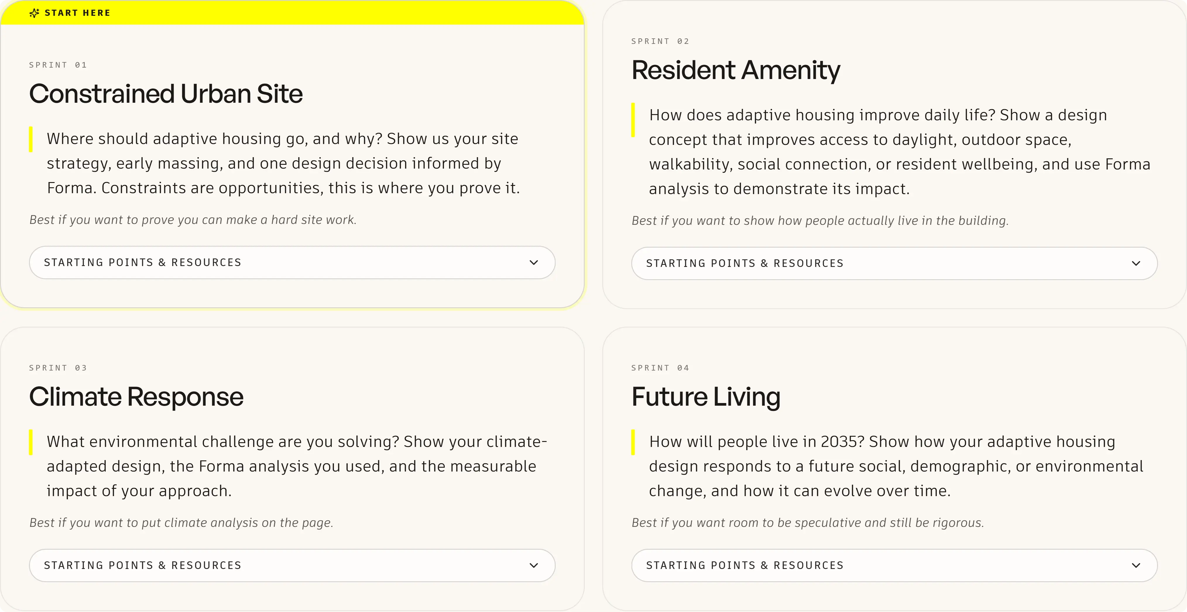 The four Forma Futures sprints, each a complete brief judged on its own.