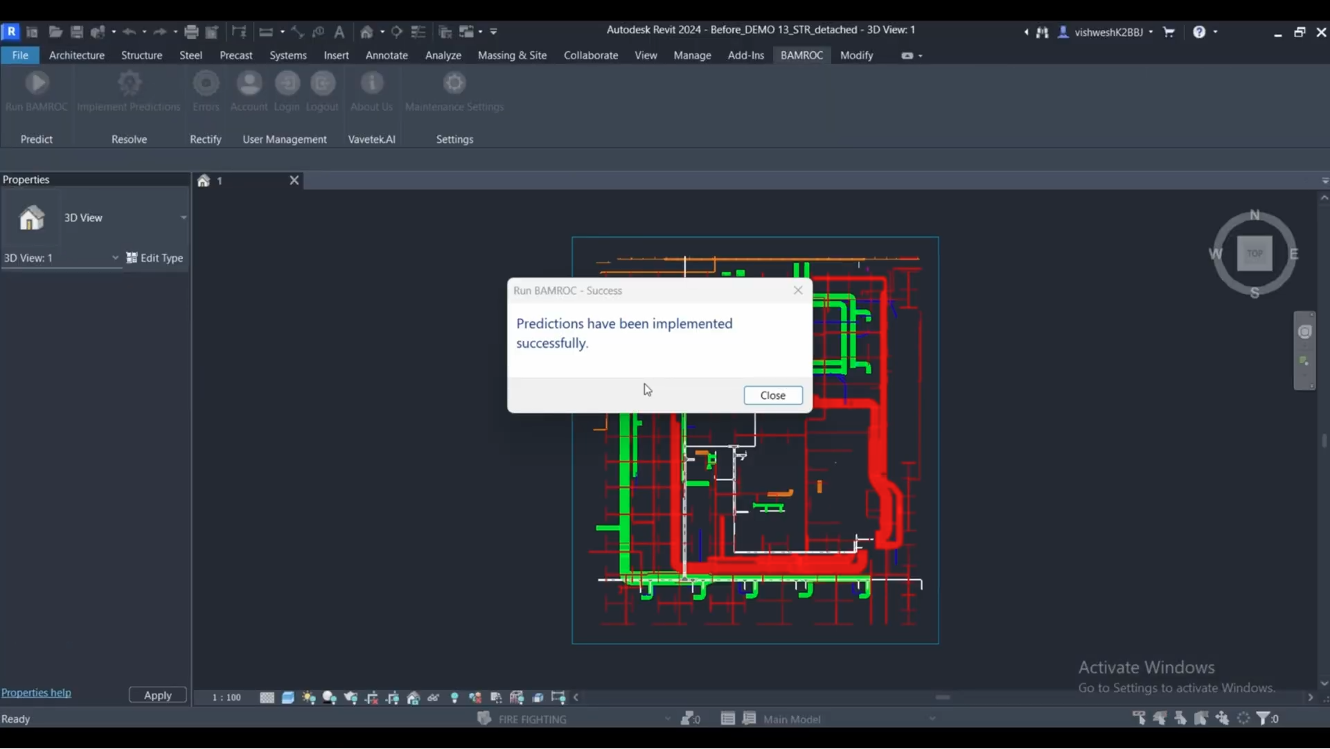 Fig 3. Bamroc successfully implementing automated clash resolutions inside Revit-applying rule-based adjustments without creating new conflicts