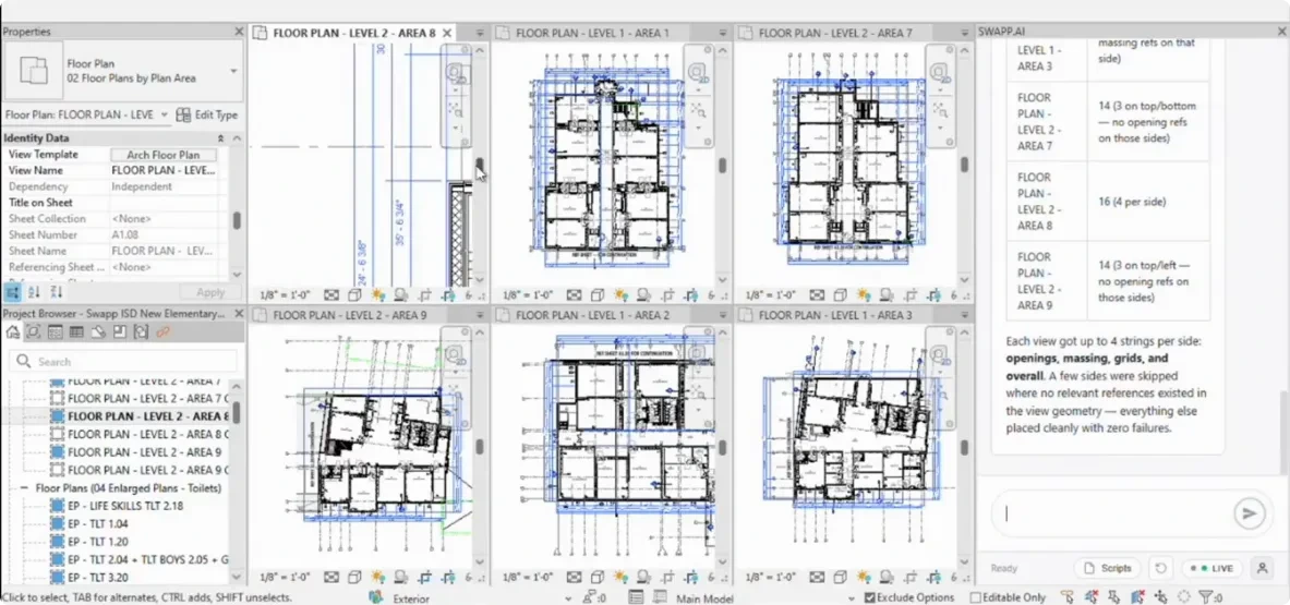 The same dimensioning logic run across six floor plan areas in a single pass, openings, massing, and grid strings placed consistently on every sheet, with a per-view report of what was skipped and why.