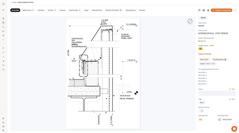 A typical detail with its Health Score, sheet reference, and pre-upgraded Revit versions.