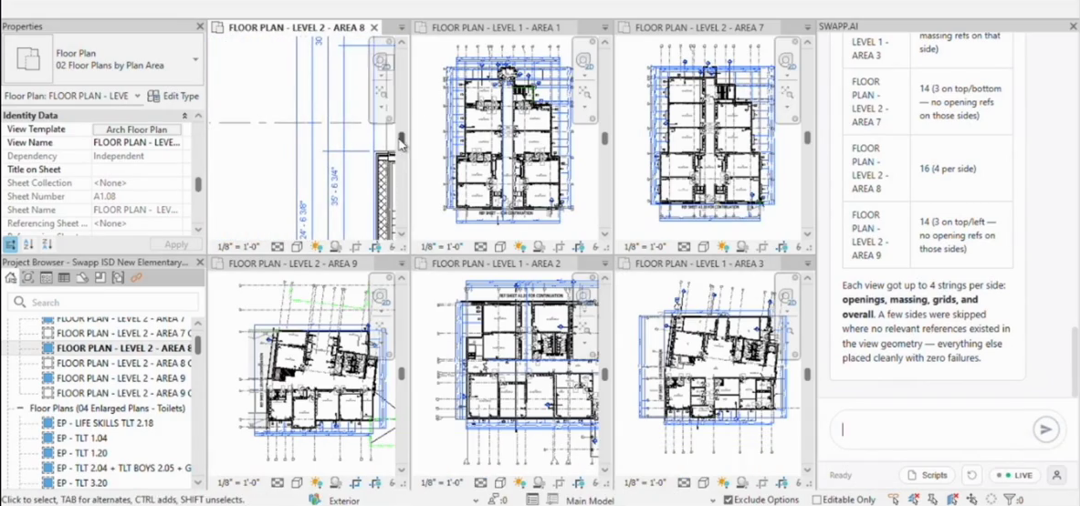 The same dimensioning logic run across six floor plan areas in a single pass, openings, massing, and grid strings placed consistently on every sheet, with a per-view report of what was skipped and why.