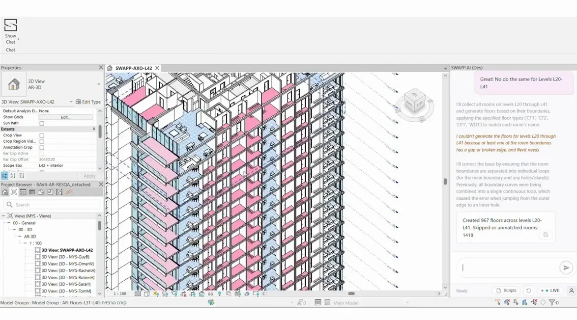Frank modeling floor plates across a 40-plus story tower. When a room-boundary error stopped generation, it identified the cause, corrected its own logic, and reported the result.