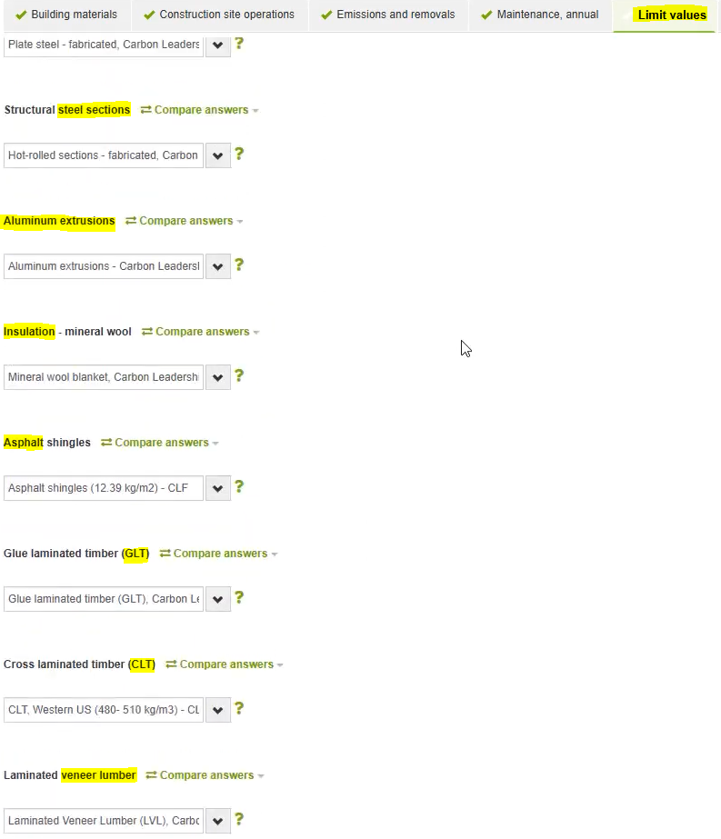 Figure 9) Industry-average Limit Values for Materials on the LEED v5 Tool