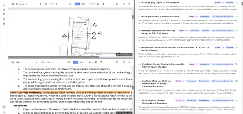 InspectMind AI tags each finding by severity, discipline, and code.