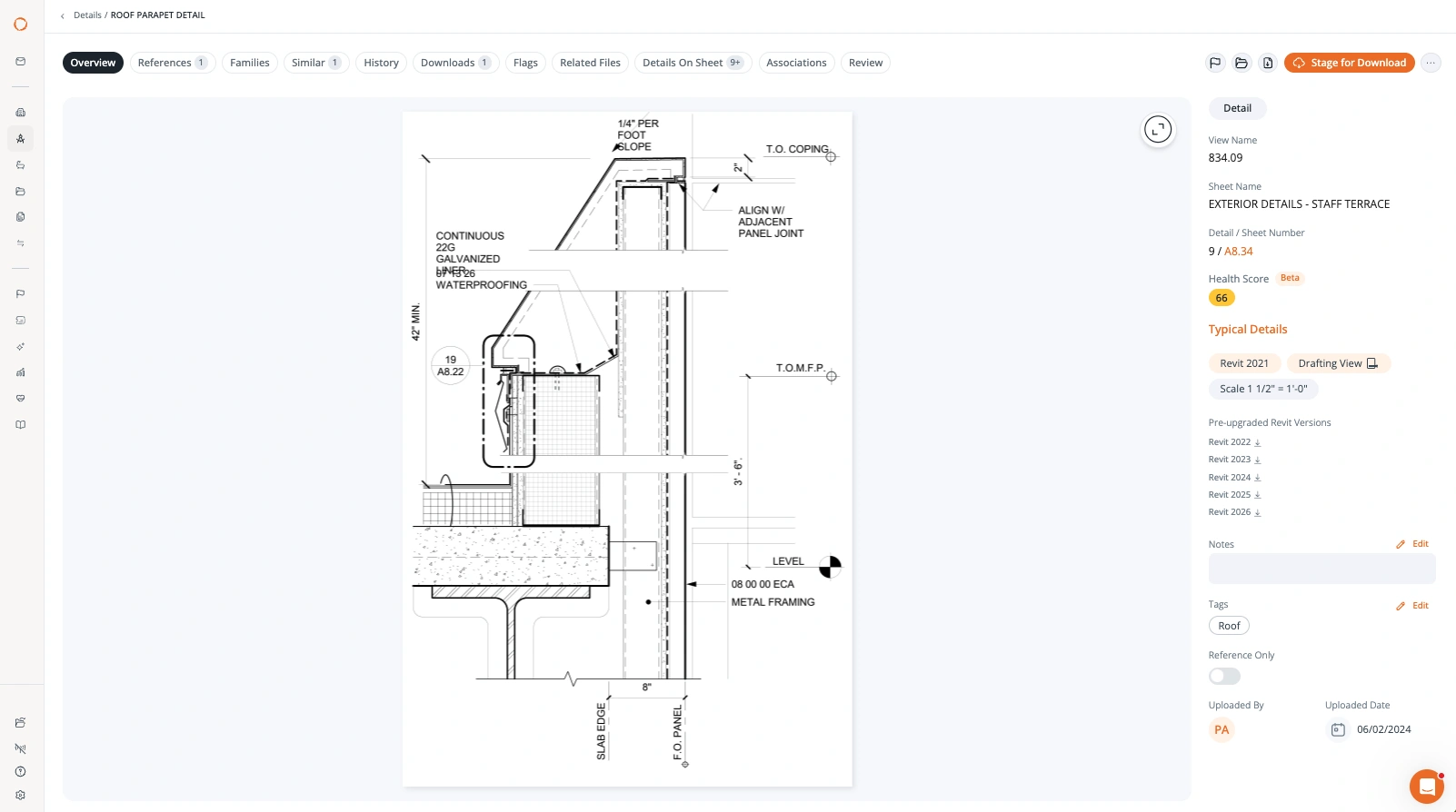 A typical detail with its Health Score, sheet reference, and pre-upgraded Revit versions.