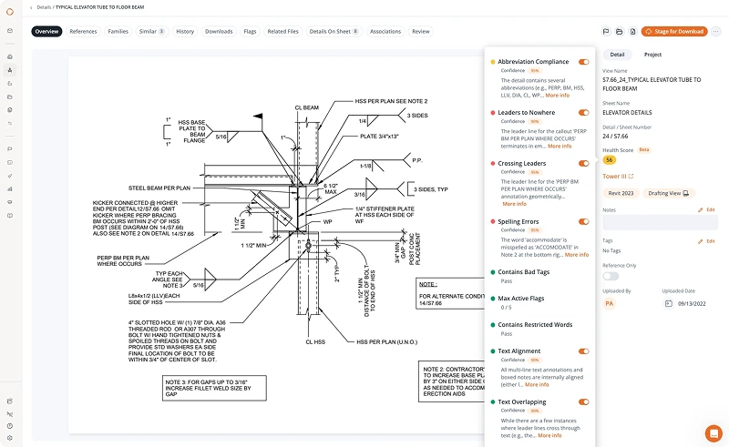 The Health Score breakdown for a typical detail: spelling, leaders, text alignment, and more.