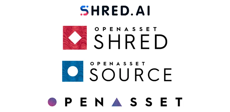 Four logos stacked vertically: the SHRED.AI wordmark, OpenAsset Shred with a red wood-grain square and white diamond, OpenAsset Source with a blue wood-grain square and white circle, and the OpenAsset wordmark with a purple circle as the O and a triangle as the A.